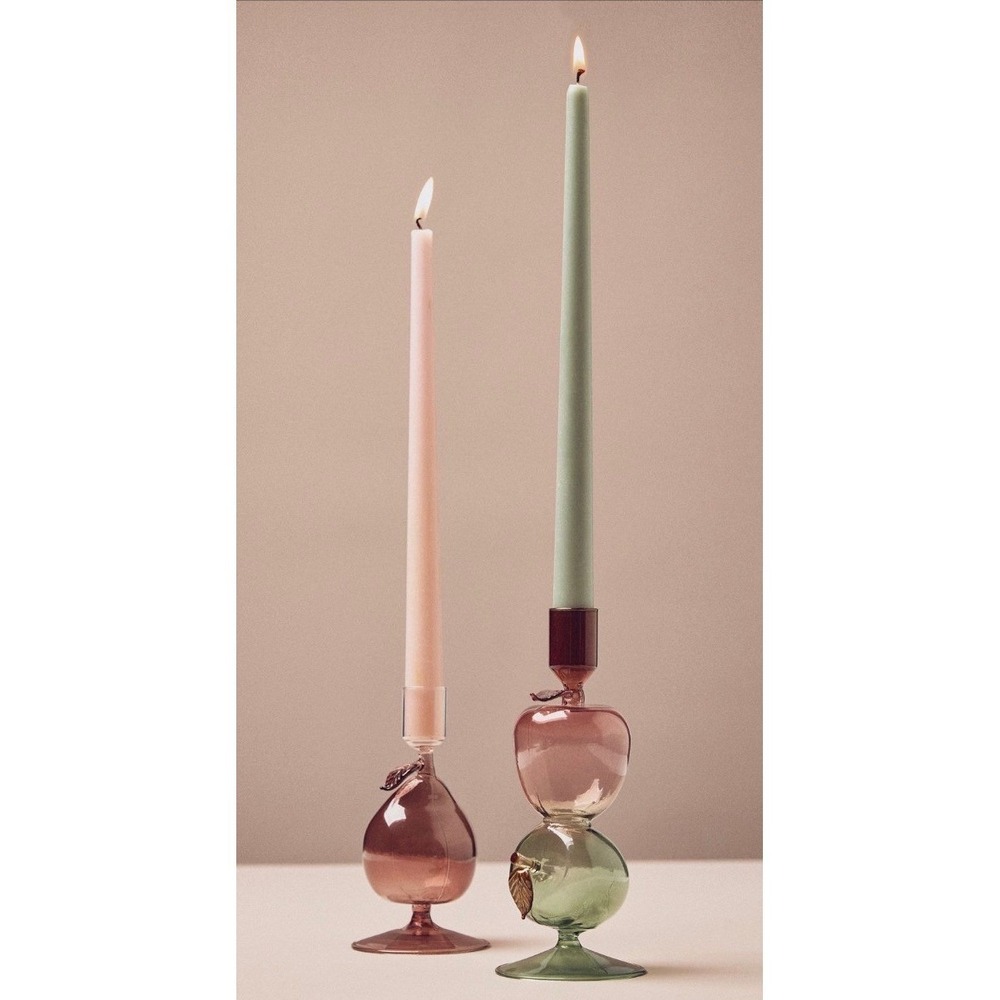 Anthropologie Glass Fruit Taper Candle Holder Set Pink Green Apple Pear 2pc